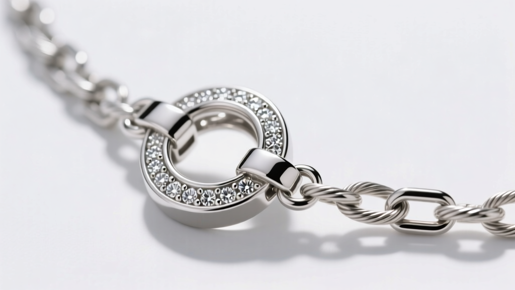 Macro shot of a platinum bezel tennis pendant necklace clasp and chain, showing the precise 18-gauge cable chain link construction