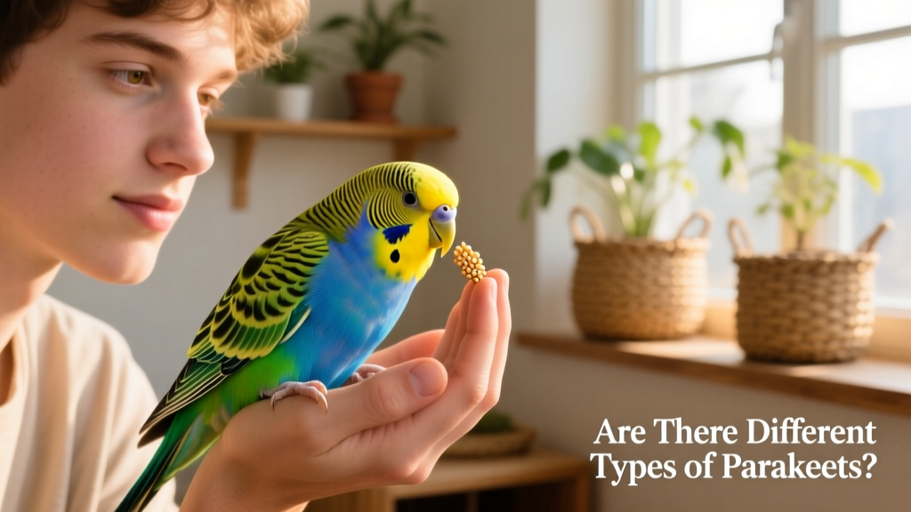 A person gently holding a calm, brightly colored parakeet while offering a healthy treat