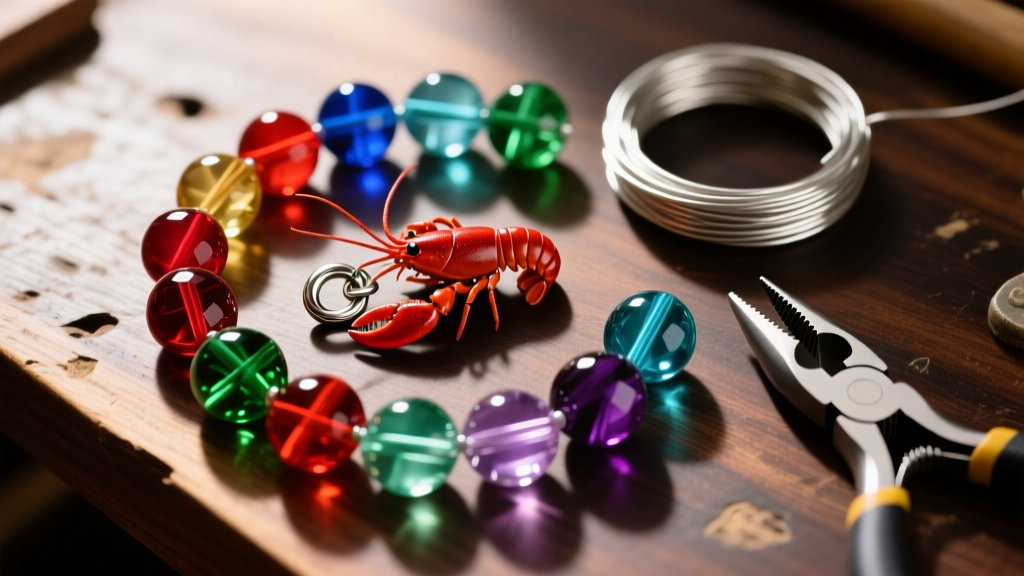 Overhead flat lay of colorful glass beads, silver lobster clasp, beading wire, and crimping pliers on a dark wooden workbench.