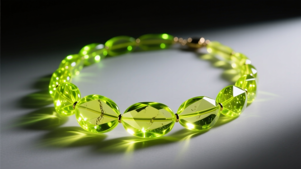 A glowing yellow-green uranium glass vintage Czech necklace illuminated by a blacklight, displaying bright neon fluorescence.