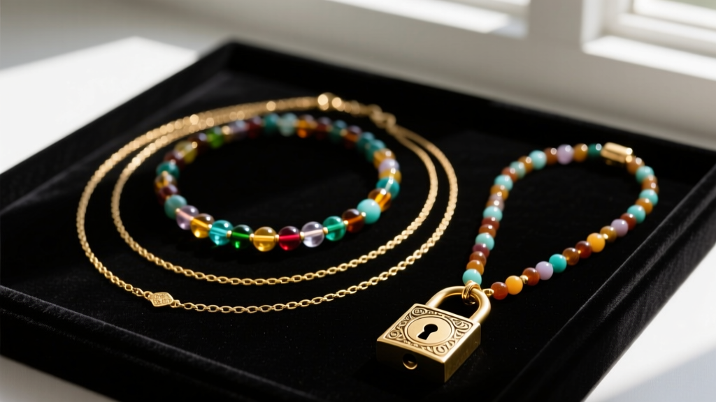 Flat lay of layered necklaces with a gold chain, beaded choker, and a brass lock pendant resting on a dark velvet jewelry display