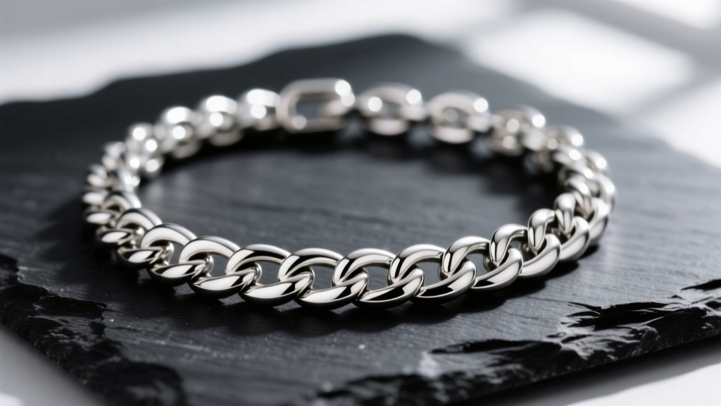 Macro photo of a 16-gauge sterling silver Cuban link necklace on dark slate, highlighting tight interlocking links and high polish.