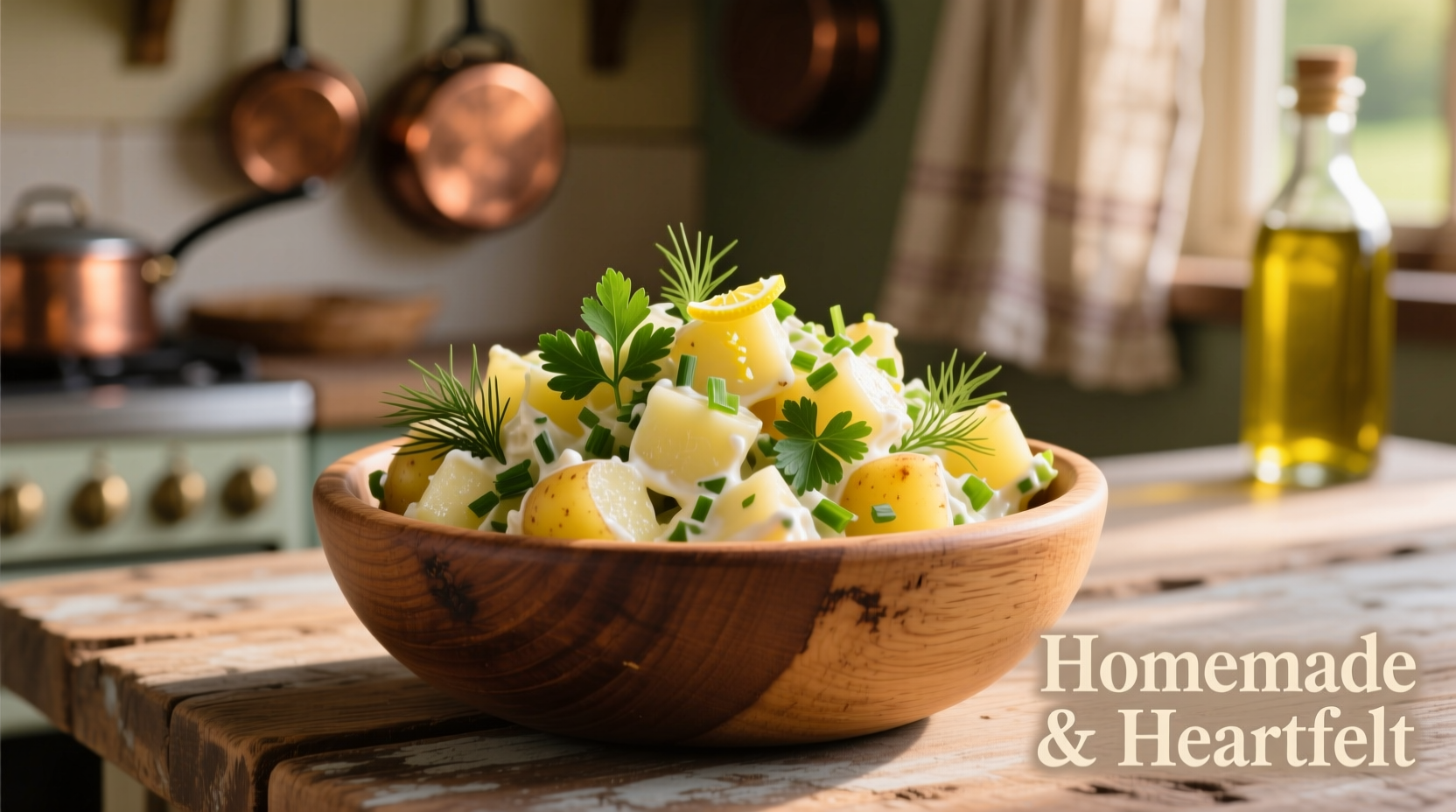 Homemade potato salad with fresh herbs in wooden bowl