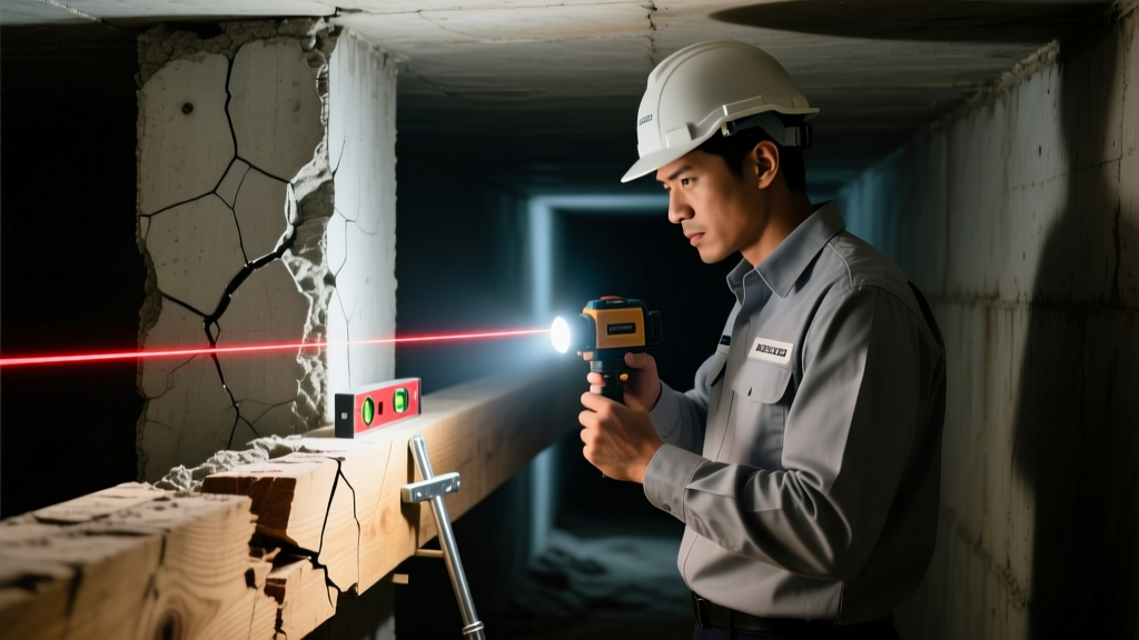 Structural engineer inspecting a damaged wooden beam and concrete pier in a dimly lit crawl space with a laser level and flashlight