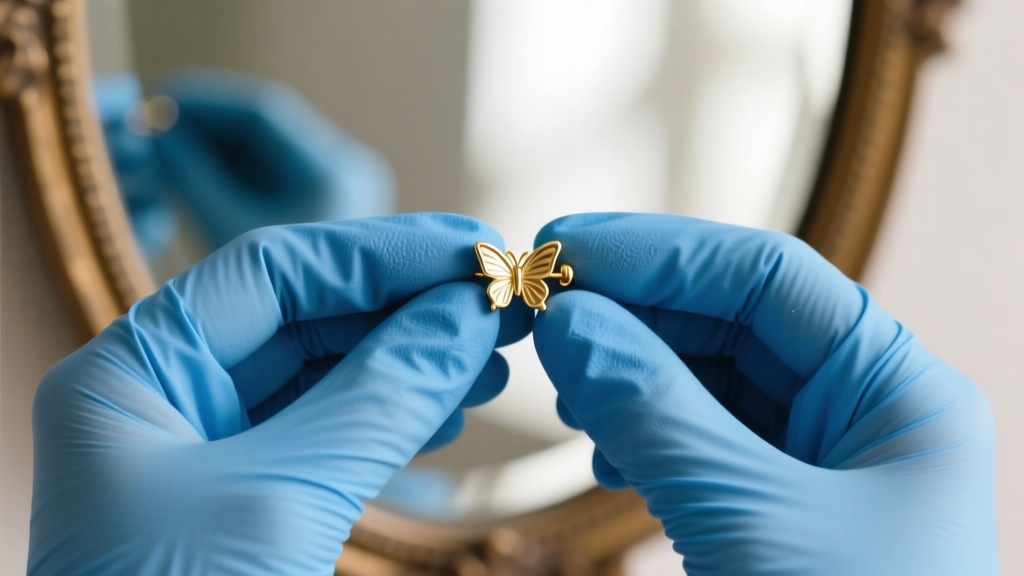 Close-up of hands in blue nitrile gloves holding an 18-gauge gold stud earring with a butterfly back against a blurred mirror.