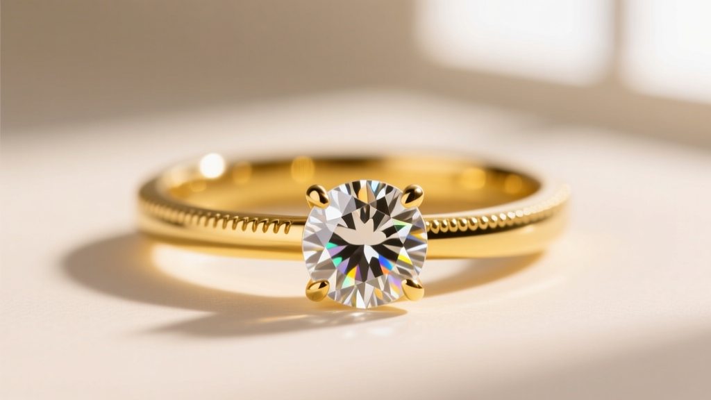 Macro view of an 18k yellow gold diamond ring on a jeweler's bench beside a loupe and calipers under warm, focused studio lighting.