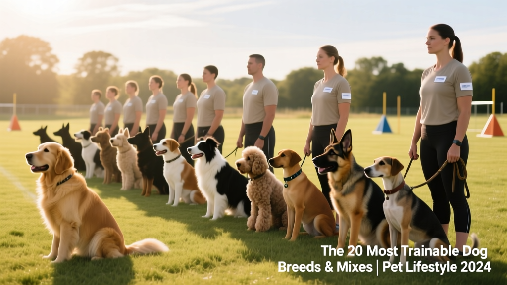 A diverse group of well-trained dogs sitting attentively beside their handlers in a sunlit training field