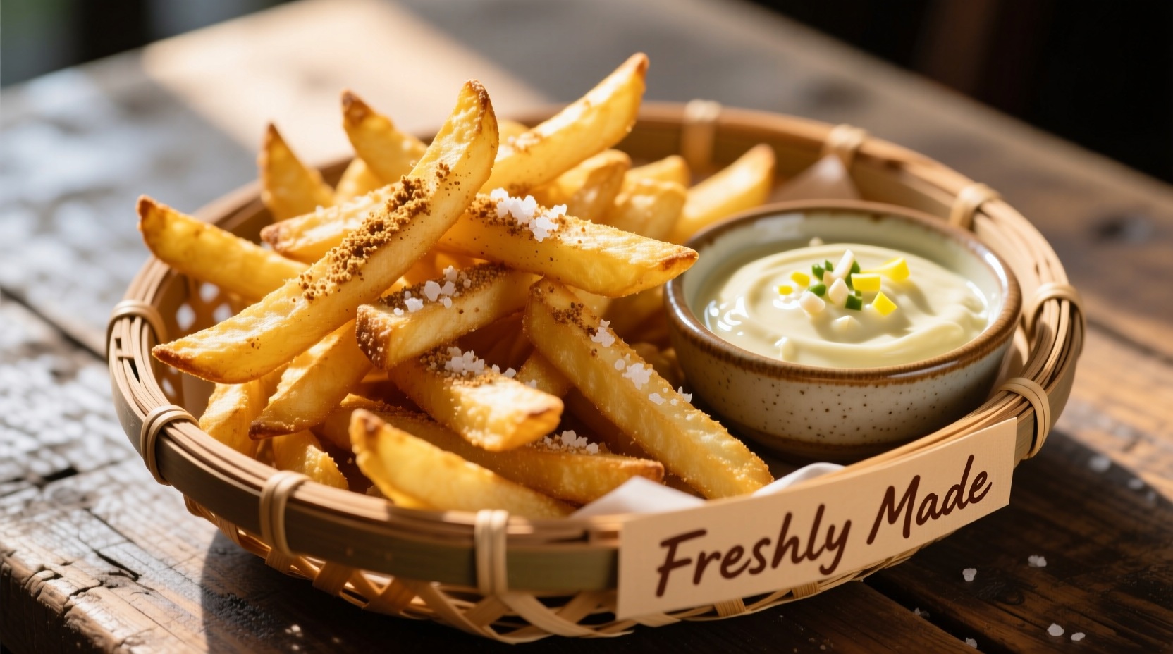 Freshly prepared garlic fries in a basket with dipping sauce