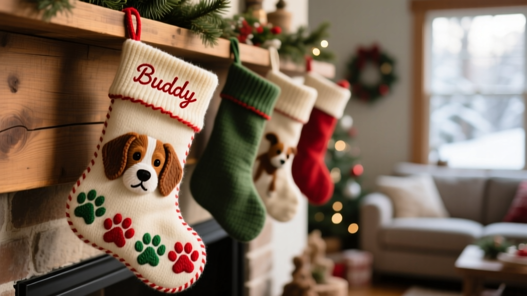 Close-up of a finished dog stocking hung on a mantel next to human stockings, adorned with red and green paw prints and the dog's name embroidered at the top