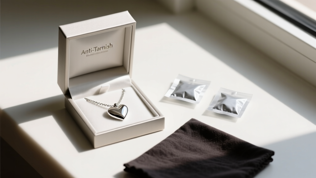 Open anti-tarnish box holding a silver ocean heart necklace next to small silica gel packets and a dark treated anti-tarnish cloth.