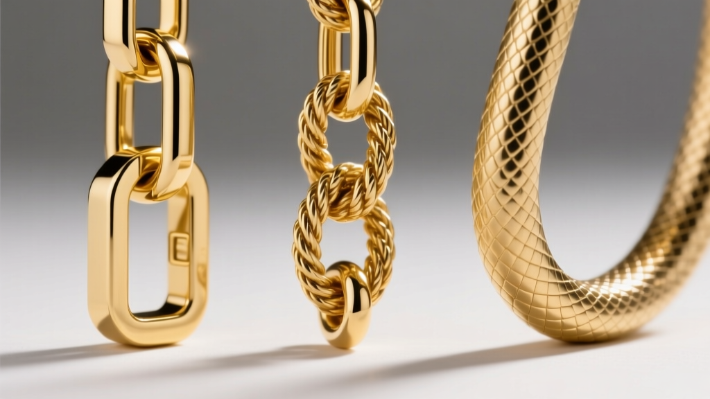 Macro photography comparing three gold chain links side-by-side: a geometric box chain, twisted rope, and smooth snake chain.