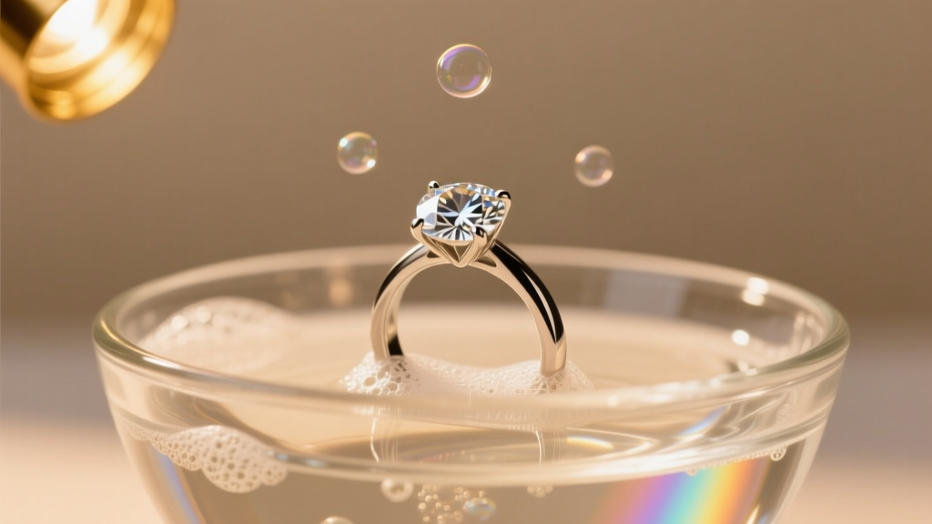 Macro shot of a cloudy diamond ring submerged in a glass bowl of warm soapy water, illuminated by a single warm spotlight