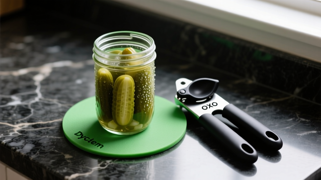 Overhead shot of a green Dycem non-slip jar pad gripping a glass pickle jar beside a black OXO Good Grips jar opener on dark granite