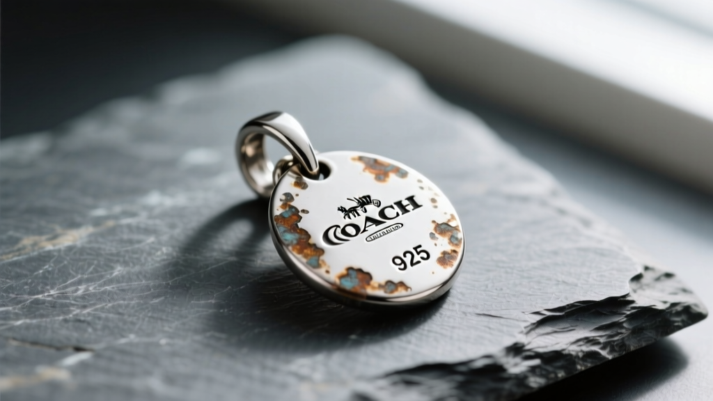 Tarnished Coach sterling silver pendant on slate, showing oxidized details and a 925 stamp engraved on the small lobster clasp.