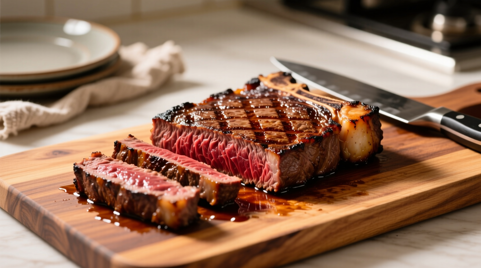 Perfectly seared flank steak on cutting board