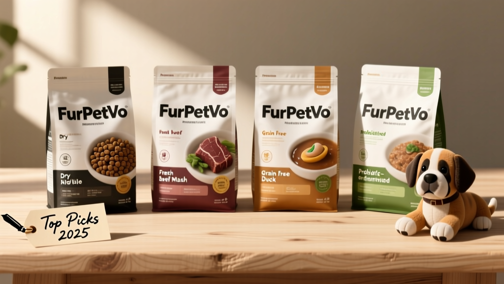 A side-by-side comparison of four FurPetVo puppy food packages — dry kibble, fresh beef mash, grain-free duck stew, and probiotic-enriched formula — arranged neatly on a clean wooden surface