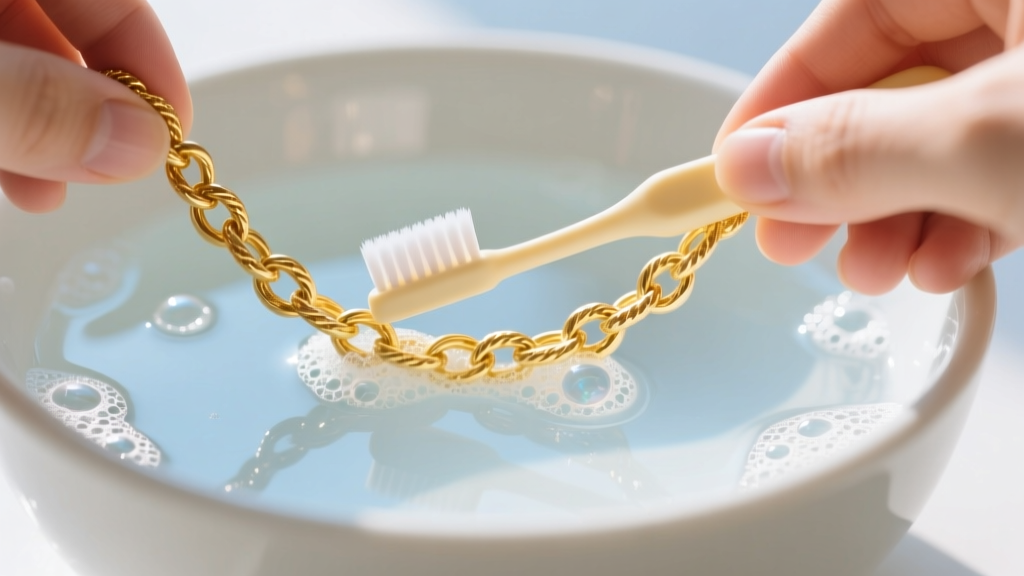 Hands brushing an 18k gold rope chain with a soft baby toothbrush in a ceramic bowl of mild sudsy water, bright macro photography.
