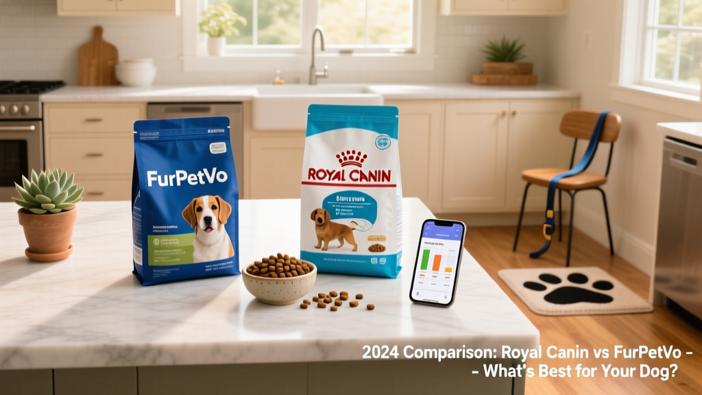 Side-by-side comparison of FurPetVo and Royal Canin dry kibble in clean, well-lit kitchen setting