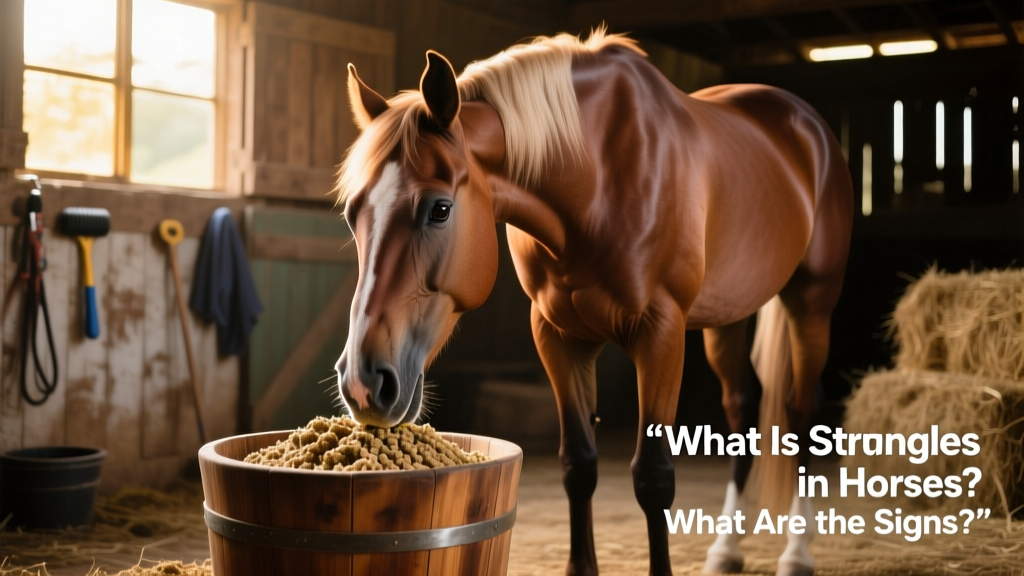Horse eating a soft, soaked senior feed mash from an elevated bucket