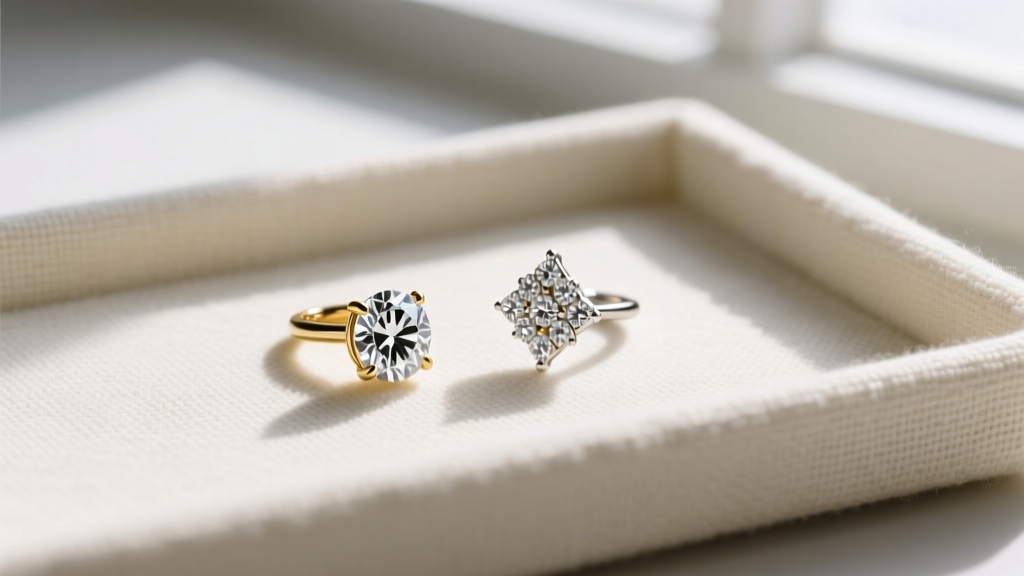 Overhead shot of a bezel-set half-carat diamond earring and a martini-set earring side-by-side on a textured linen jewelry tray