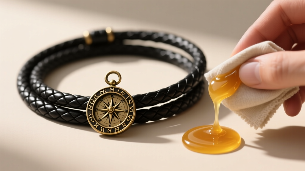 Neatly coiled black leather necklace cord being treated with natural beeswax conditioner next to a brass viking compass charm.