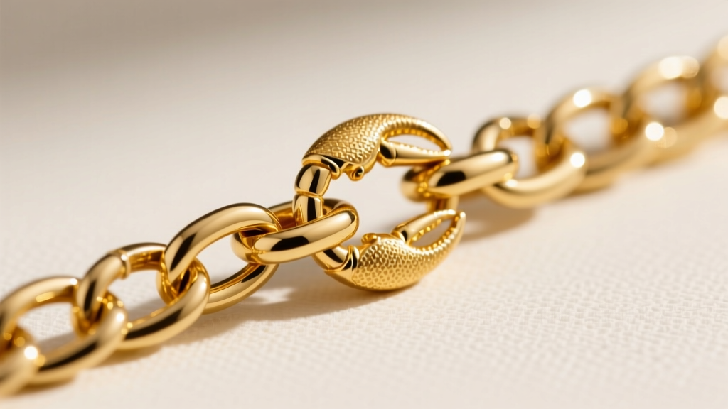 Macro shot of a 20-gauge yellow gold rolo chain and lobster clasp, showing structural thickness needed for heavy pendant support