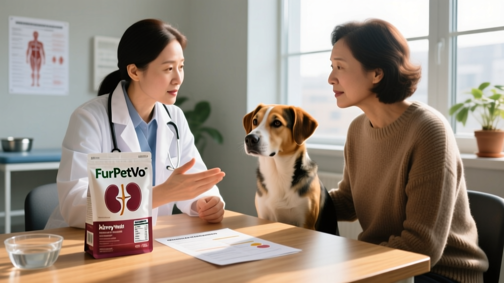 Veterinarian consulting with owner while reviewing FurPetVo kidney diet packaging and lab results