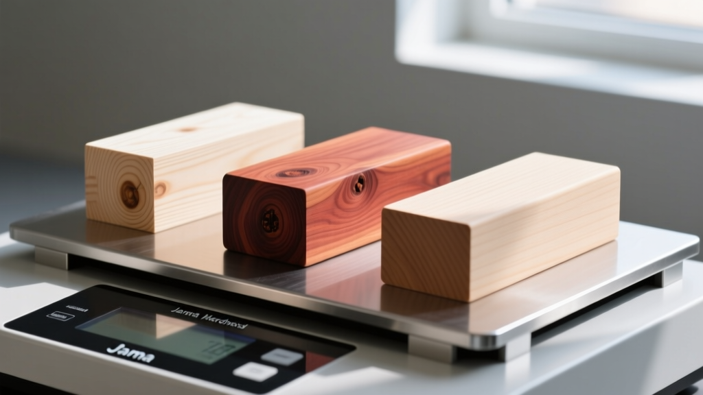 Close-up comparison of pale balsa, knotty western red cedar, and smooth basswood blocks resting on a digital Janka hardness testing machine