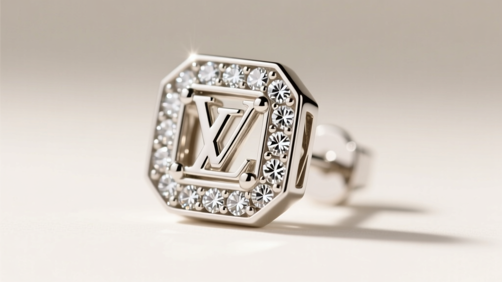 Macro of white gold LV Empreinte stud earring with bezel diamond, showing rhodium finish and bezel walls under bright light.