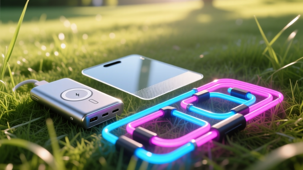 A flat-lay packing grid of mobile gaming gadgets on a grassy field, including a MagSafe power bank, anti-glare screen protector, and LED cosplay prop wiring.