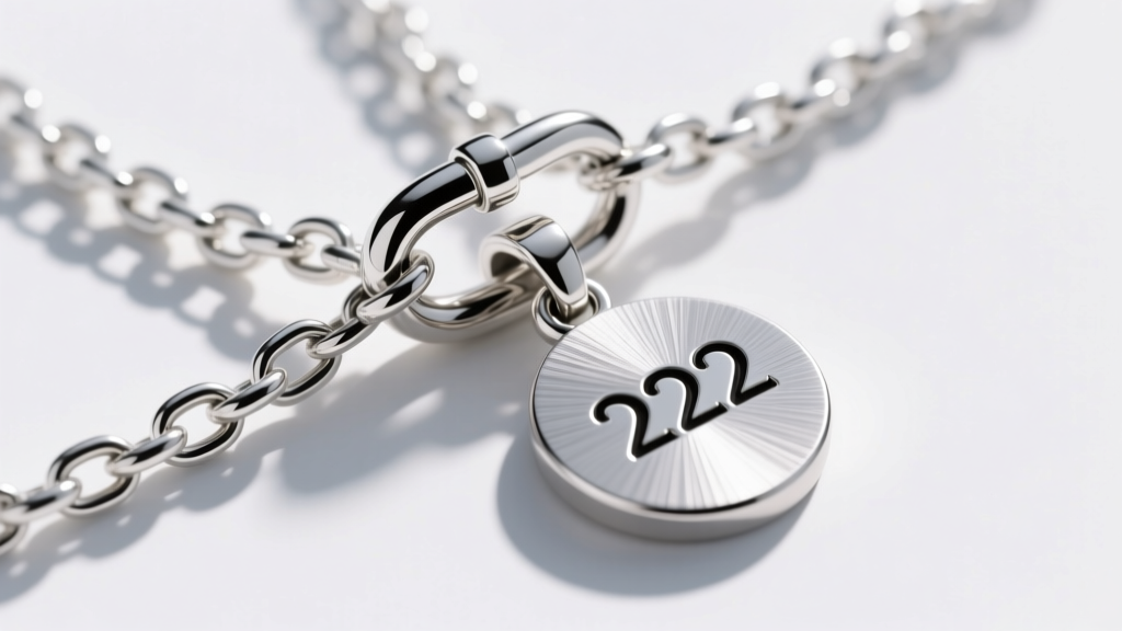 Macro shot of a sterling silver rolo chain lobster clasp and a brushed finish 222 disc pendant, showing rhodium plating texture.