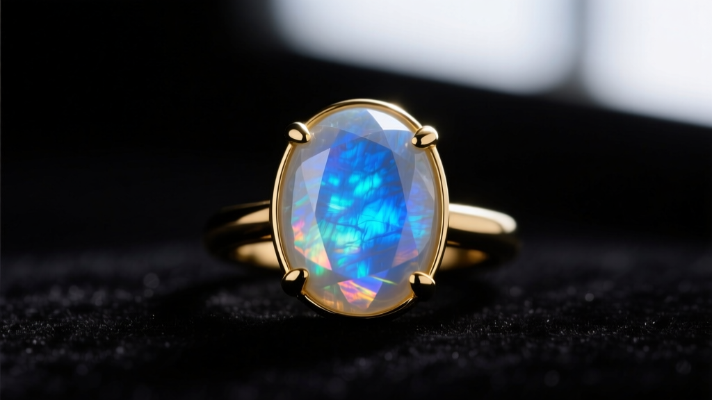 Macro shot of a cabochon rainbow moonstone in a gold bezel, displaying bright blue adularescence against a dark velvet background.