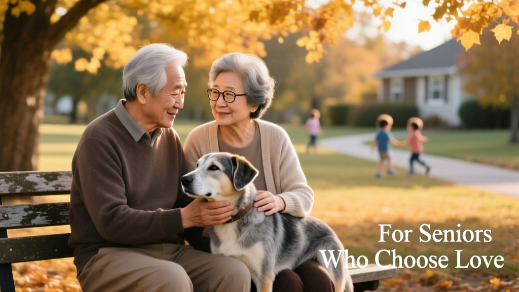 A senior couple sitting side-by-side on a park bench, each gently stroking a calm, gray-muzzled senior dog