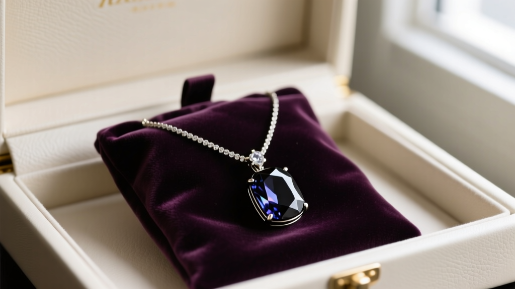 Jewelry box interior showing a black kyanite necklace stored in a plush anti-tarnish velvet pouch to prevent surface scratching