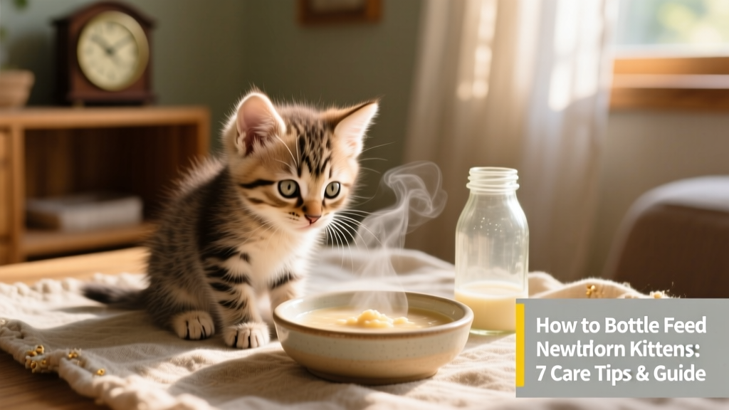 Four-week-old kitten sitting upright, curiously sniffing a shallow dish of kitten gruel beside an empty bottle