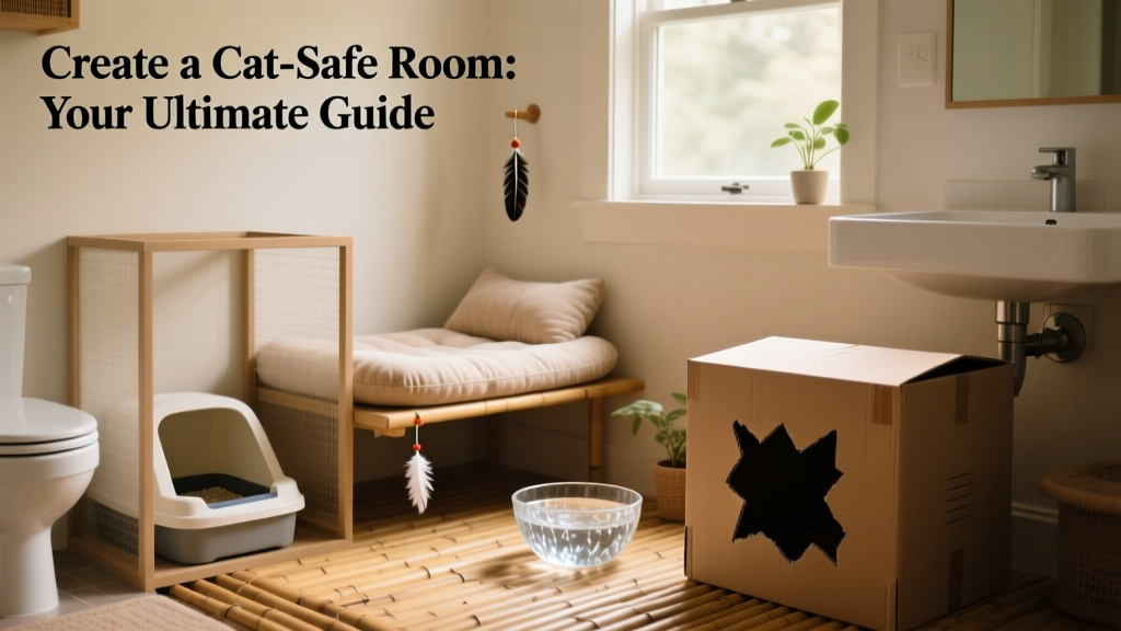 A calm, softly lit bathroom set up as a cat safe room with a litter box, bed, water bowl, and cardboard box