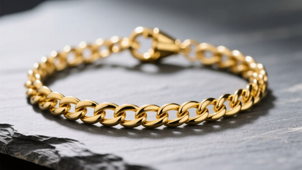 Close-up of a 14k yellow gold rolo chain necklace on slate, highlighting interlocking links and a sturdy lobster clasp