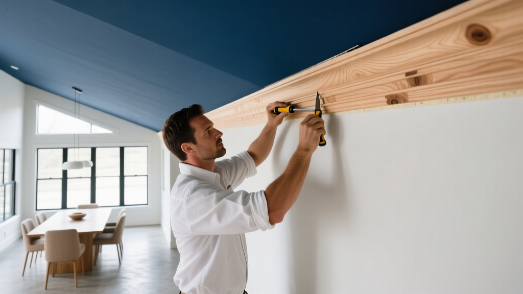 Craftsman installing intricate solid poplar crown moulding against a freshly painted navy blue ceiling in a bright modern dining room