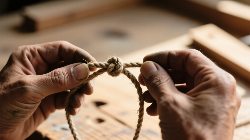 Close-up of hands holding a frayed waxed cotton cord necklace, preparing to tie a sliding knot against a blurred wooden workbench.