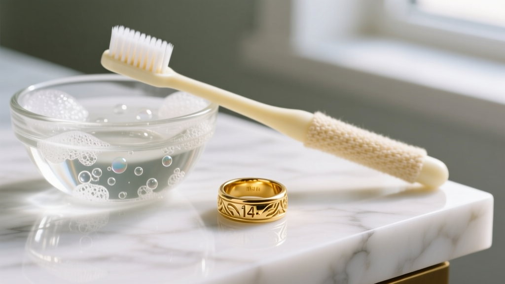 Close-up of a 14k yellow gold signet ring resting near a glass bowl of soapy water and a soft baby toothbrush on a marble counter.