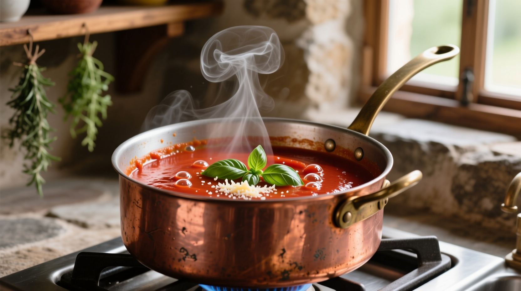 Tomato cream sauce simmering in copper pot