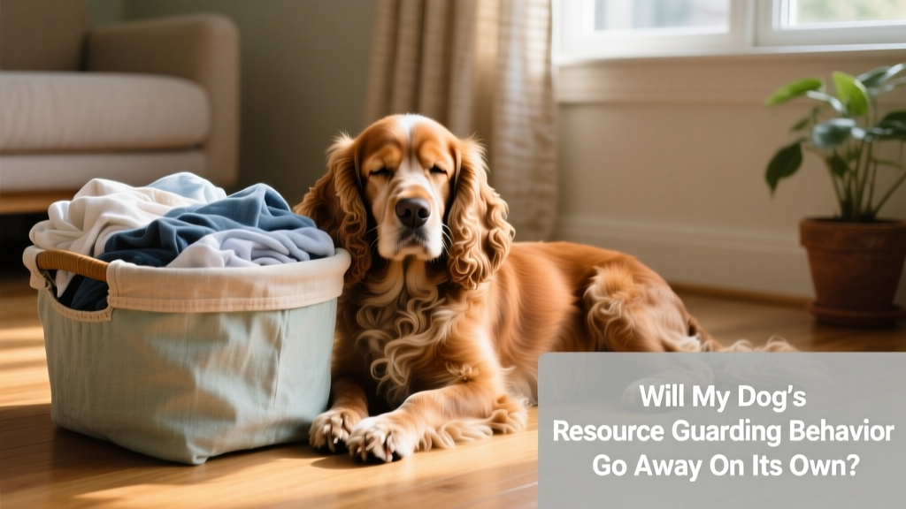 Cocker Spaniel gently resting near a folded laundry basket, showing calm body language