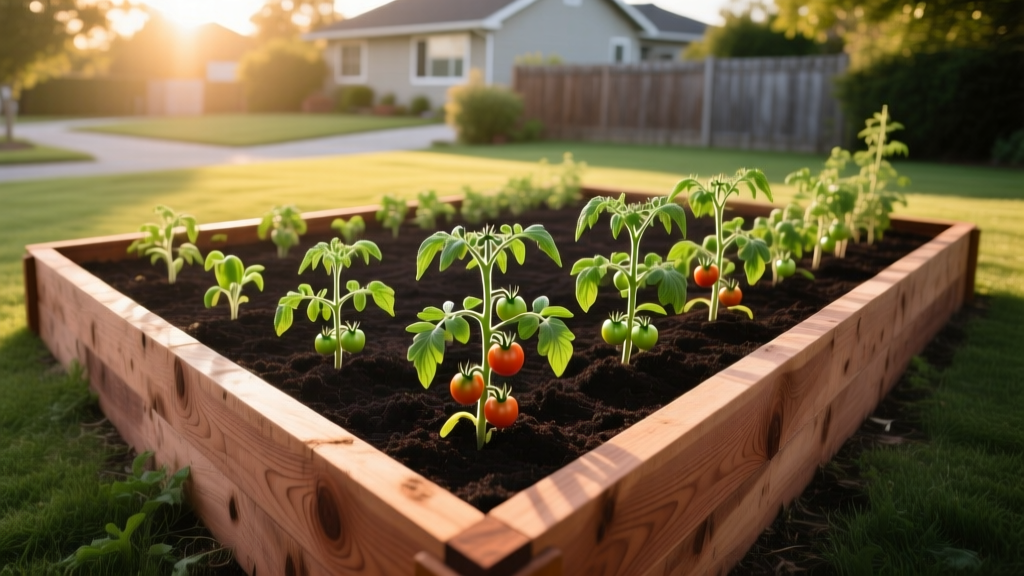 Vibrant 4x8 foot western red cedar raised garden bed filled with dark soil and young tomato plants in a sunny suburban backyard setting
