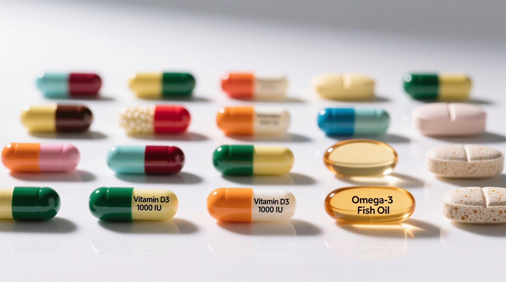 Various food supplement capsules and tablets arranged neatly
