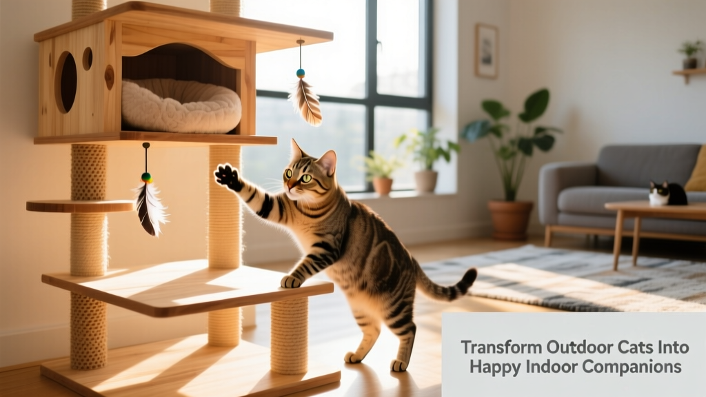 A curious adult cat exploring a multi-level cat tree with dangling toys and a cozy sleeping nook