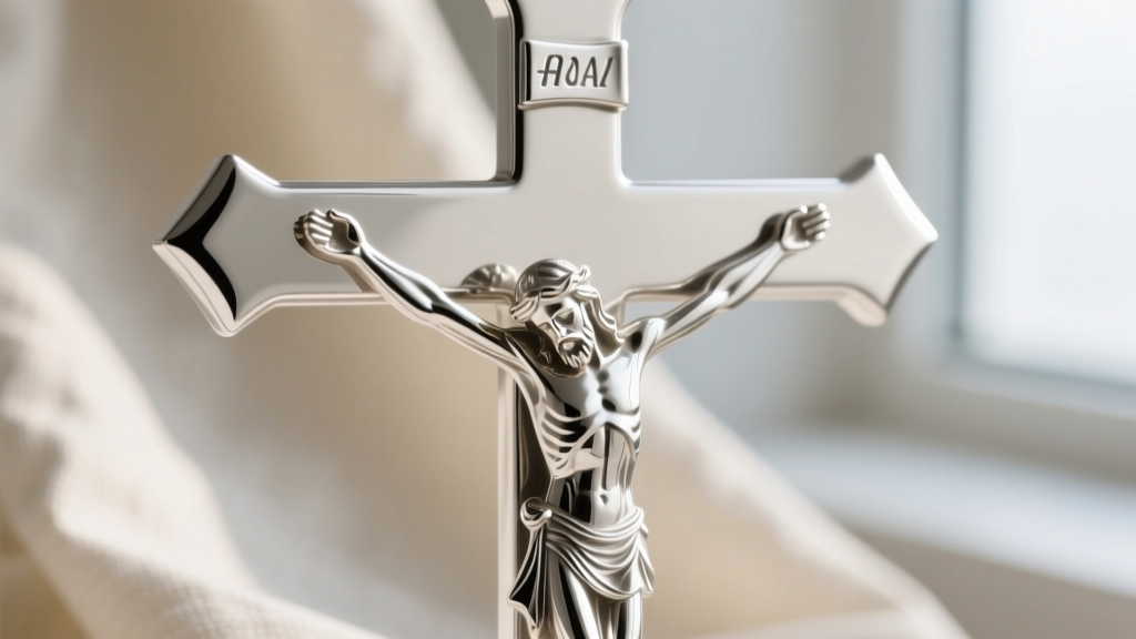 Macro shot of a rhodium-plated 925 sterling silver crucifix showing intricate corpus detailing and high-polish beveled edges.