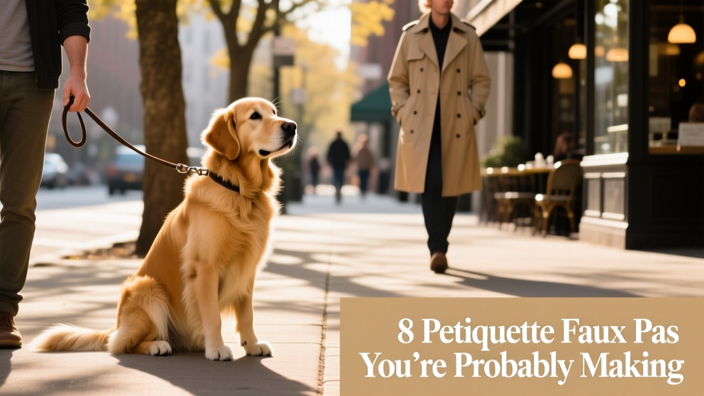 A well-trained dog sitting calmly beside its owner while a stranger passes by on the sidewalk