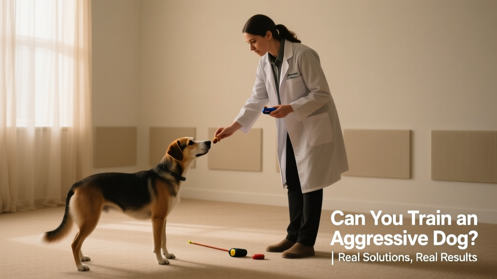 A certified FurPetVo behaviorist calmly guiding a dog through a positive reinforcement exercise in a quiet, controlled environment