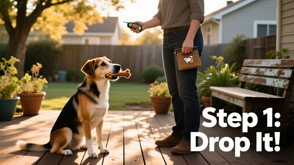 Dog sitting calmly with a toy in front of them, looking at their handler who is holding a clicker and treat pouch