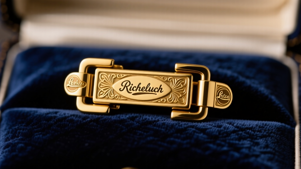 Macro shot of a vintage Richelieu gold-tone fold-over clasp with stamped logo, resting on dark velvet under warm studio lighting.